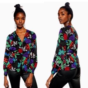 TOPSHOP Floral Button Front Blouse – Tie Waist – Size Small